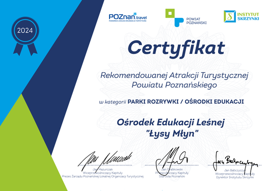 Certyfikat - Ośrodek Edukacji Leśnej Łysy Młyn w Biedrusku
