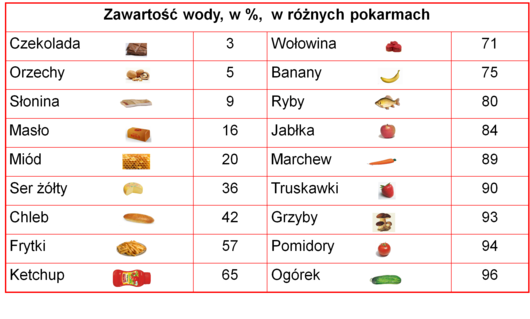 tabela zawartości wody w pokarmach